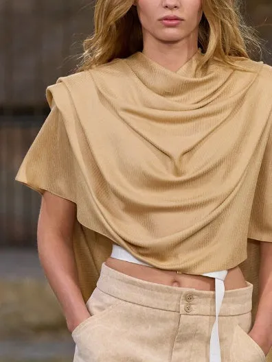 Asymmetric Pleated Solid Color Irregularity Loose Round-Neck Blouses&Shirts Tops