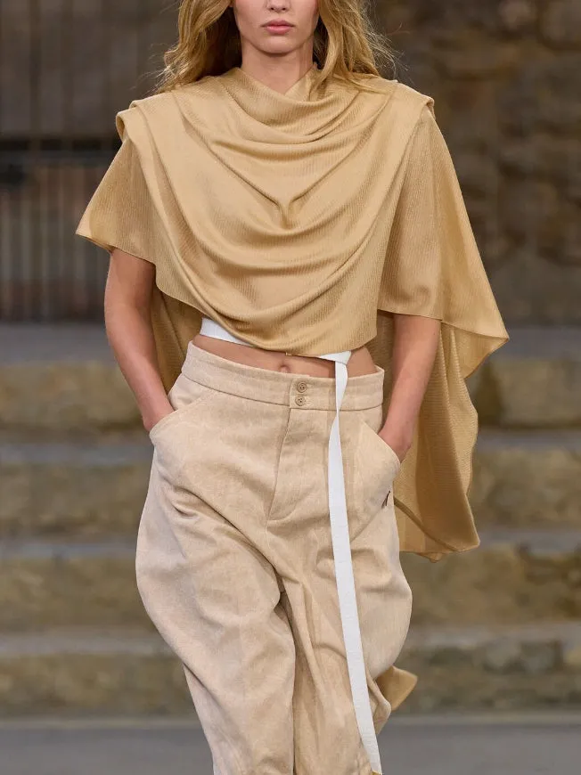 Asymmetric Pleated Solid Color Irregularity Loose Round-Neck Blouses&Shirts Tops
