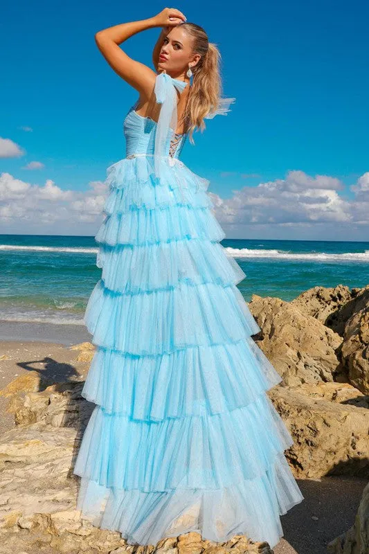 Baby Blue Bow Shoulder Pleated Top Tiered A Line Dress