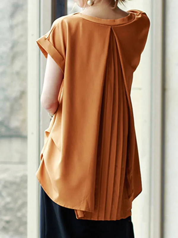Back Pleated Solid Color Loose Short Sleeves Round-Neck T-Shirts Tops