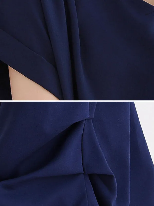 Back Pleated Solid Color Loose Short Sleeves Round-Neck T-Shirts Tops