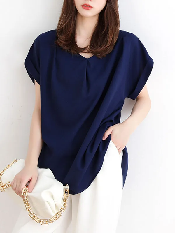 Back Pleated Solid Color Loose Short Sleeves Round-Neck T-Shirts Tops