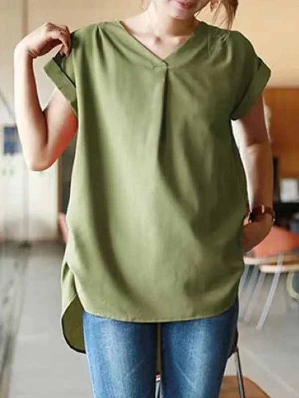 Back Pleated Solid Color Loose Short Sleeves Round-Neck T-Shirts Tops