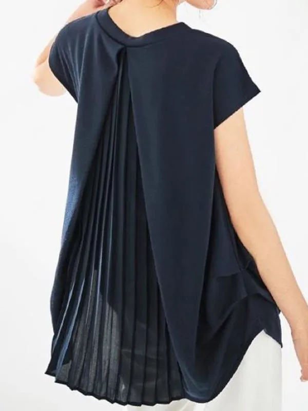 Back Pleated Solid Color Loose Short Sleeves Round-Neck T-Shirts Tops