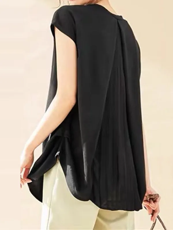 Back Pleated Solid Color Loose Short Sleeves Round-Neck T-Shirts Tops
