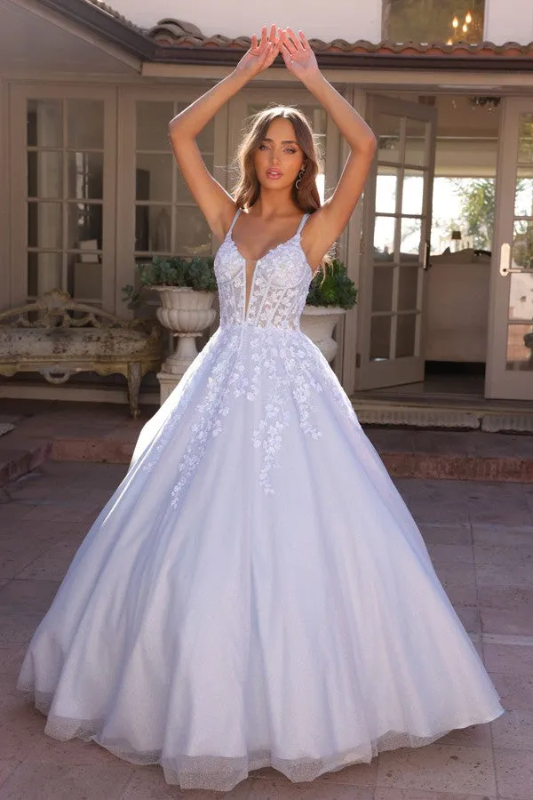 Bahama Blue Deep V Neck Embroidery Sequin Applique A Line Dress