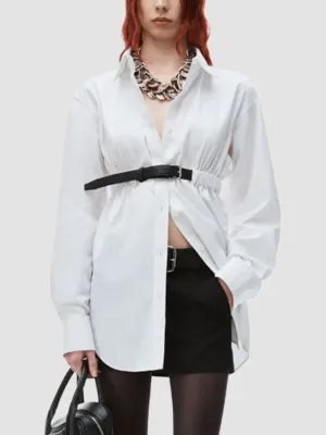 Belted Buttoned Solid Color Long Sleeves Loose Lapel Collar Blouses&Shirts Tops