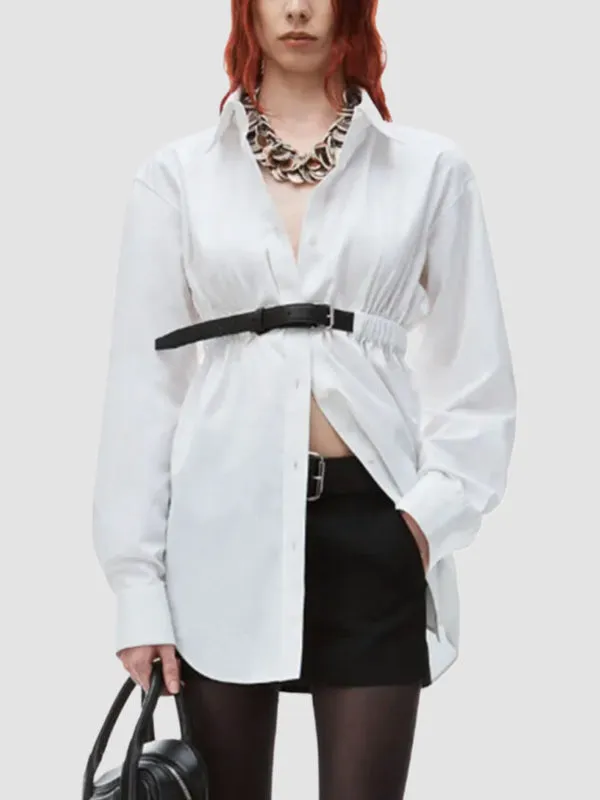 Belted Buttoned Solid Color Long Sleeves Loose Lapel Collar Blouses&Shirts Tops