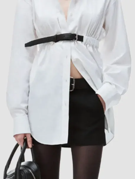 Belted Buttoned Solid Color Long Sleeves Loose Lapel Collar Blouses&Shirts Tops