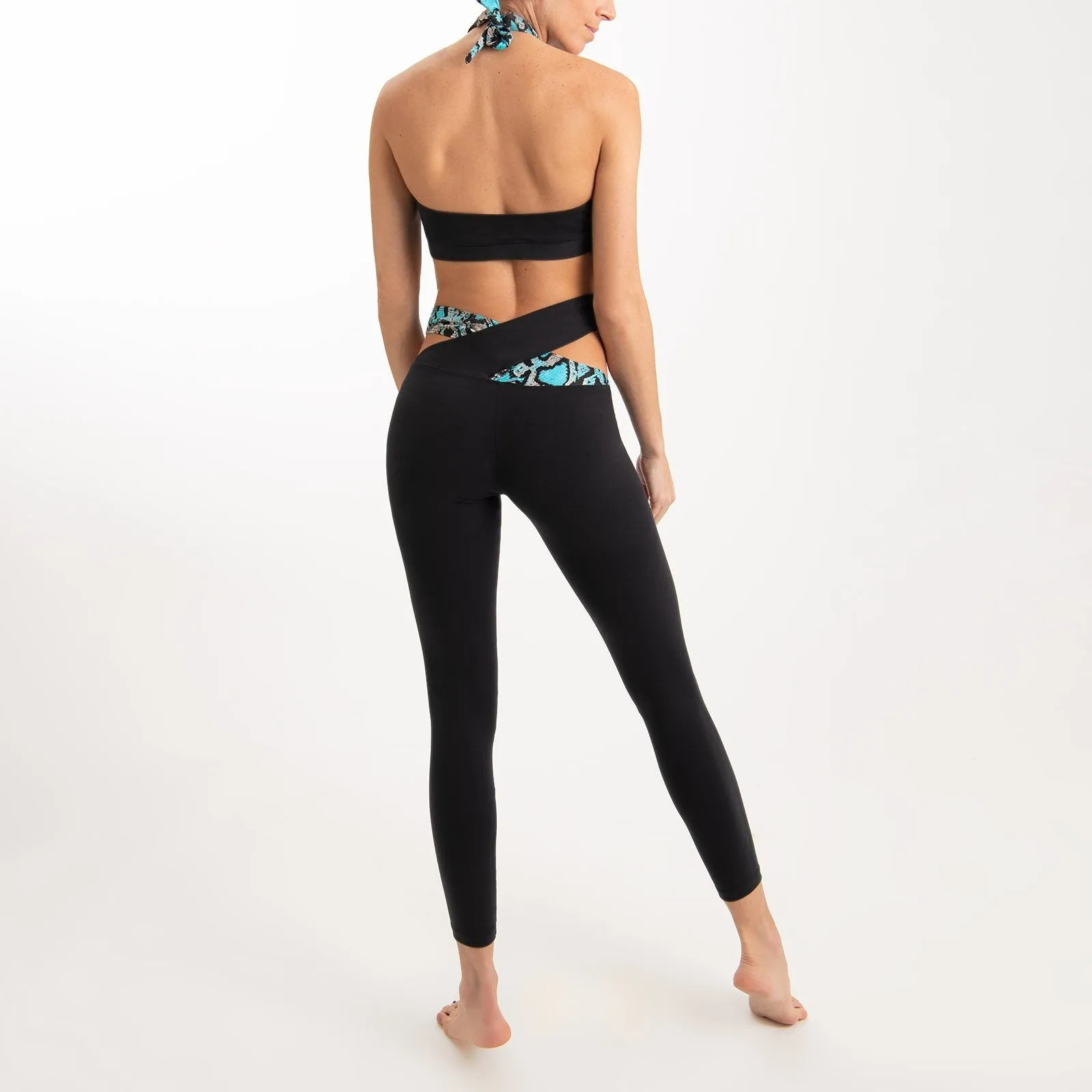 Black Leggings With Turquoise Snake Skin Waist Band For Sale |  Leggings And Bra