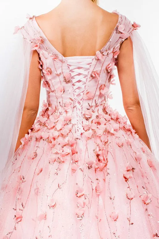 Blush Floral Applique Glitter Quinceanera Ballgown