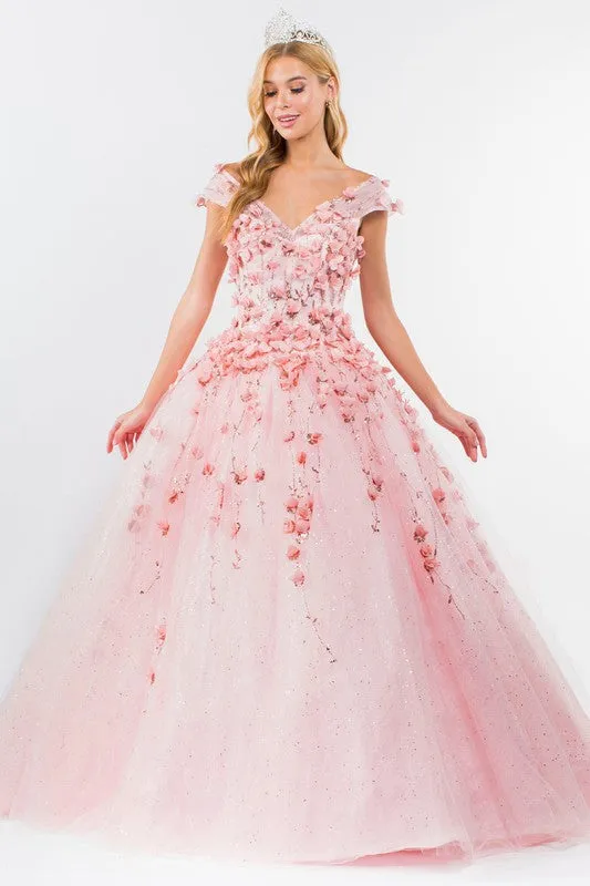 Blush Floral Applique Glitter Quinceanera Ballgown