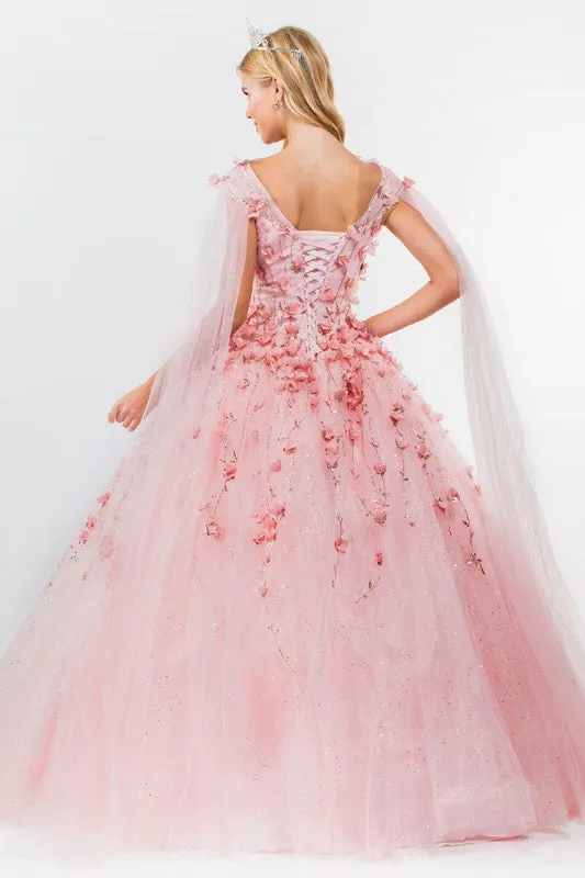 Blush Floral Applique Glitter Quinceanera Ballgown