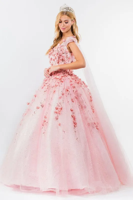 Blush Floral Applique Glitter Quinceanera Ballgown