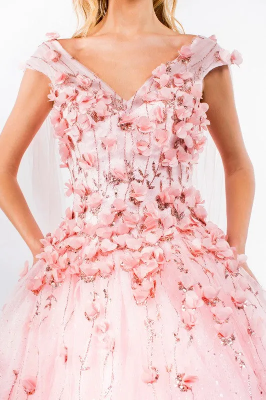 Blush Floral Applique Glitter Quinceanera Ballgown