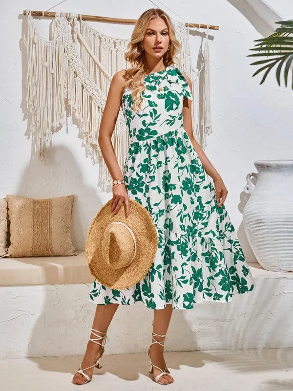 Boho Chic Off-Shoulder Printed Dress with Adjustable Straps and Waist Tie