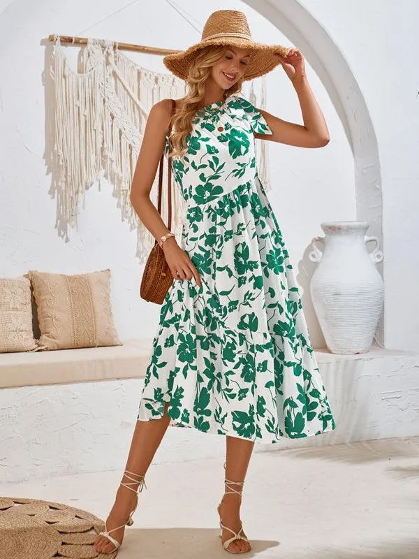 Boho Chic Off-Shoulder Printed Dress with Adjustable Straps and Waist Tie