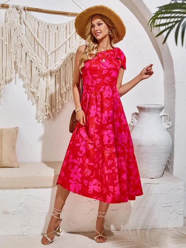 Boho Chic Off-Shoulder Printed Dress with Adjustable Straps and Waist Tie