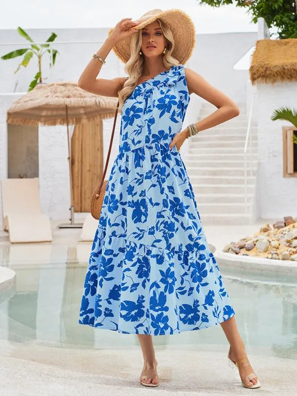 Boho Chic Off-Shoulder Printed Dress with Adjustable Straps and Waist Tie