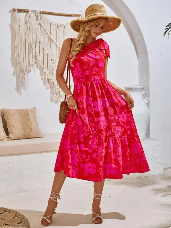 Boho Chic Off-Shoulder Printed Dress with Adjustable Straps and Waist Tie