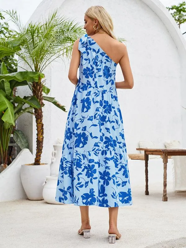 Boho Chic Off-Shoulder Printed Dress with Adjustable Straps and Waist Tie