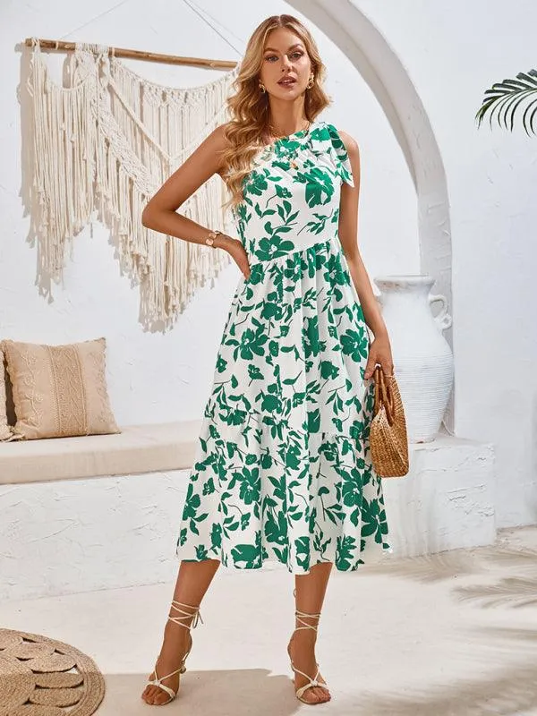 Boho Chic Off-Shoulder Printed Dress with Adjustable Straps and Waist Tie