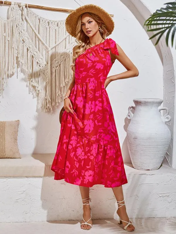Boho Chic Off-Shoulder Printed Dress with Adjustable Straps and Waist Tie