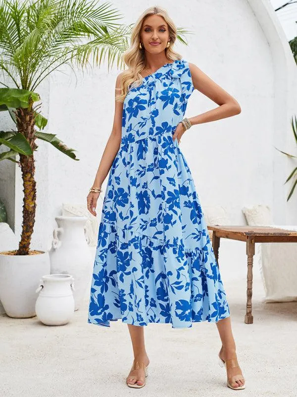 Boho Chic Off-Shoulder Printed Dress with Adjustable Straps and Waist Tie
