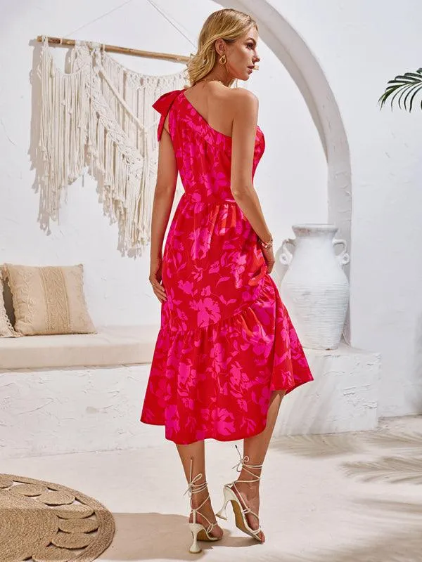 Boho Chic Off-Shoulder Printed Dress with Adjustable Straps and Waist Tie