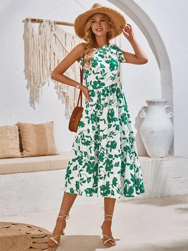 Boho Chic Off-Shoulder Printed Dress with Adjustable Straps and Waist Tie
