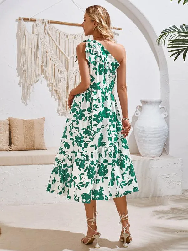Boho Chic Off-Shoulder Printed Dress with Adjustable Straps and Waist Tie