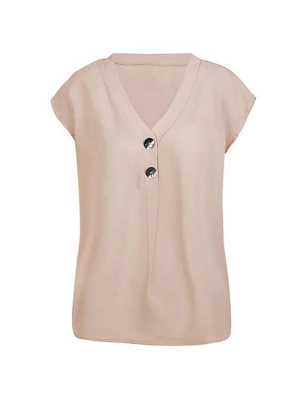 Buttoned Solid Color Cap Sleeve Loose V-Neck Blouses&Shirts Tops