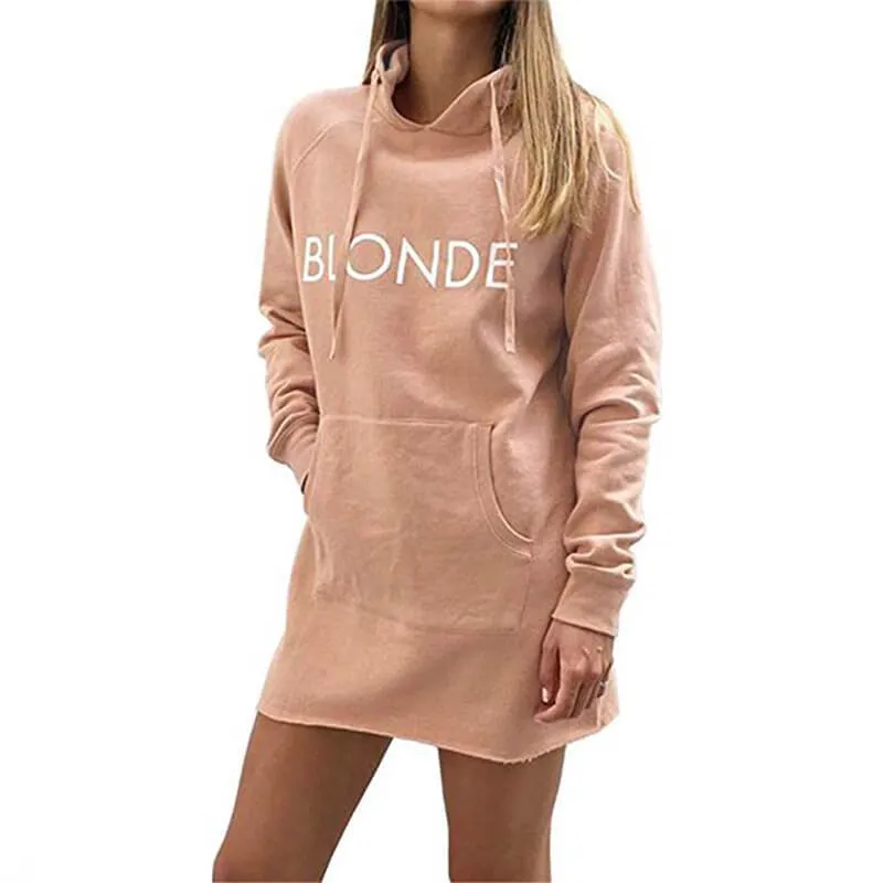Casual Long Sleeve Letter Print Pocket Hooded Dress