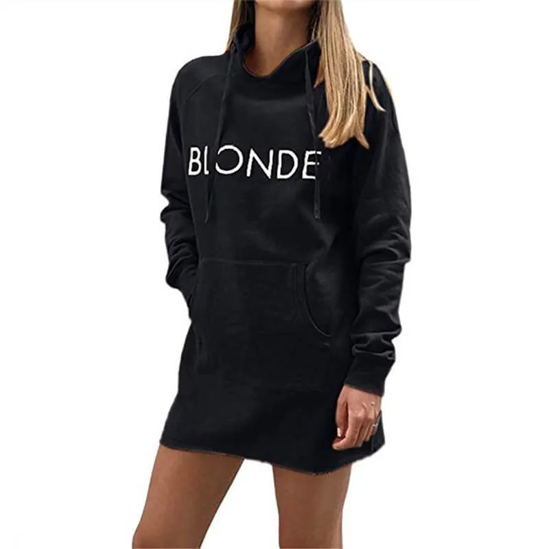 Casual Long Sleeve Letter Print Pocket Hooded Dress