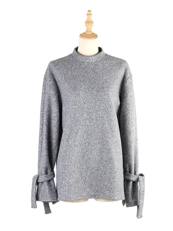 Casual Loose Long Sleeves Solid Color Stand Collar T-Shirts Tops