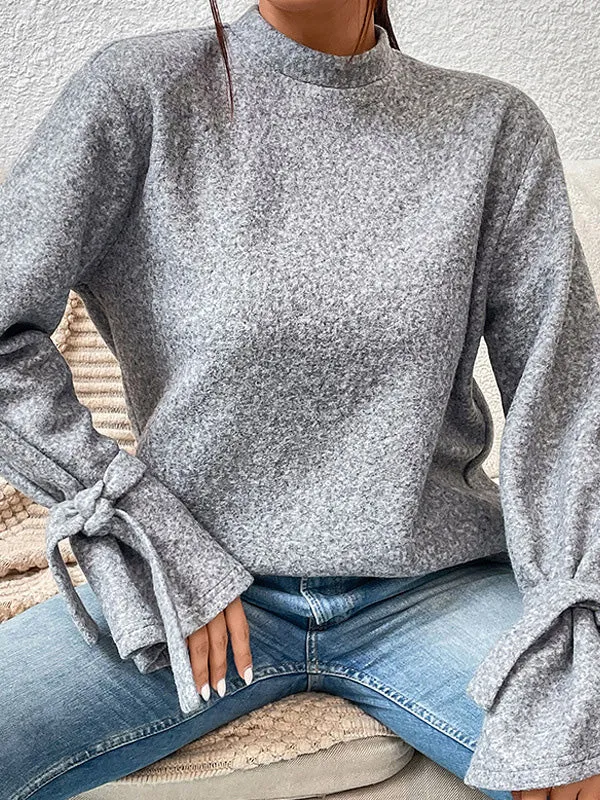 Casual Loose Long Sleeves Solid Color Stand Collar T-Shirts Tops