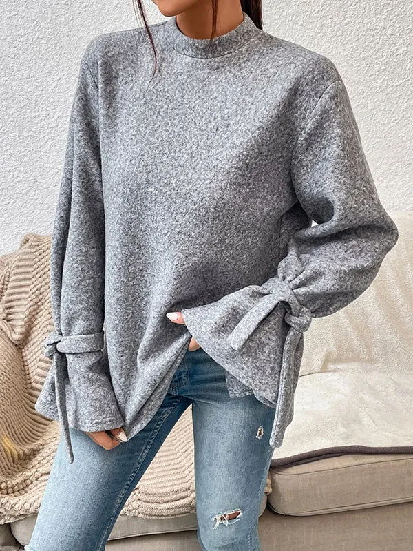 Casual Loose Long Sleeves Solid Color Stand Collar T-Shirts Tops