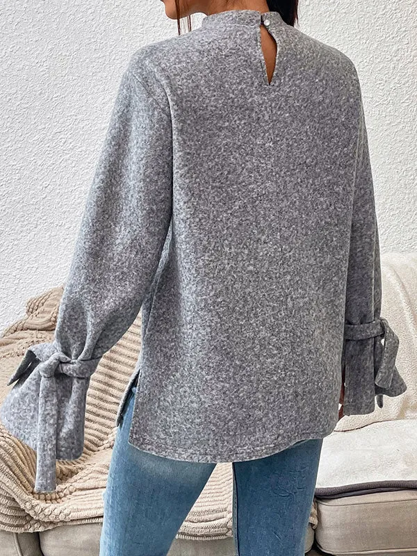 Casual Loose Long Sleeves Solid Color Stand Collar T-Shirts Tops