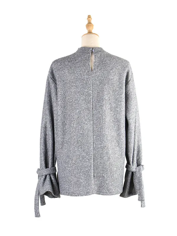 Casual Loose Long Sleeves Solid Color Stand Collar T-Shirts Tops
