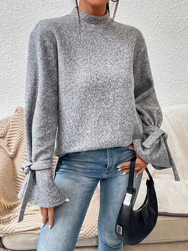 Casual Loose Long Sleeves Solid Color Stand Collar T-Shirts Tops