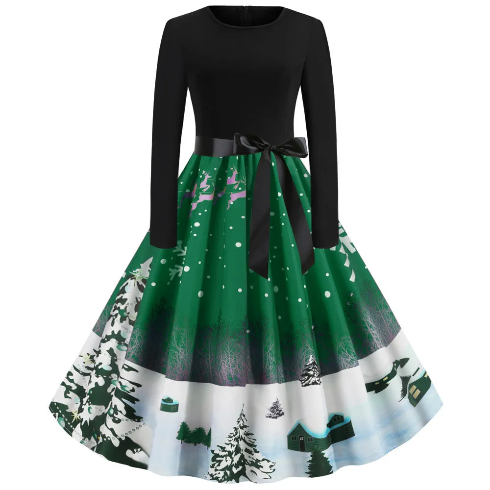 Christmas Tree Print Long Sleeve Dress
