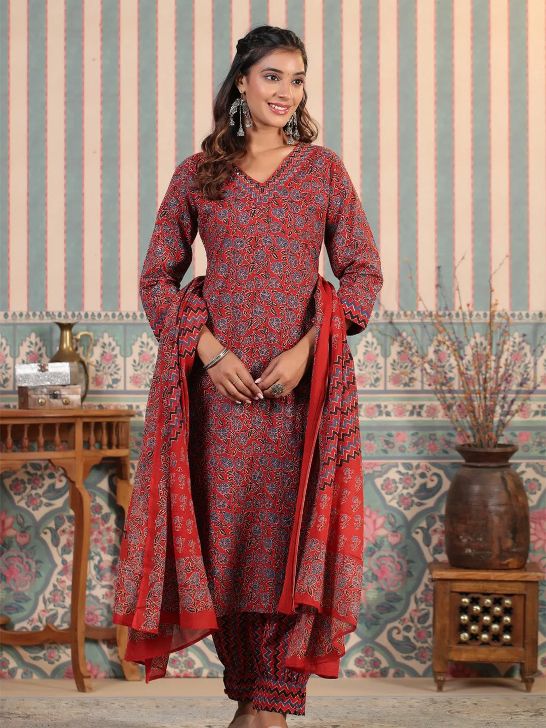 Comfy Red Cotton Floral Printed Kurta Set with Afghani Bottom and Soft Cotton Dupatta