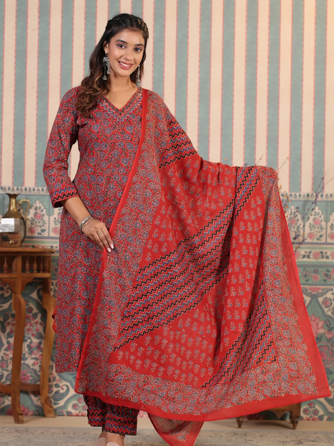 Comfy Red Cotton Floral Printed Kurta Set with Afghani Bottom and Soft Cotton Dupatta
