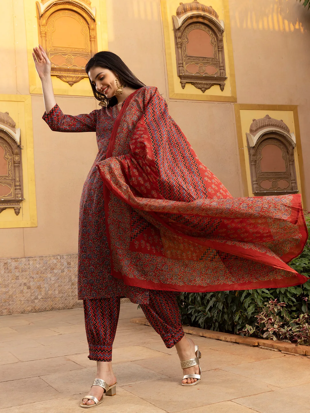 Comfy Red Cotton Floral Printed Kurta Set with Afghani Bottom and Soft Cotton Dupatta