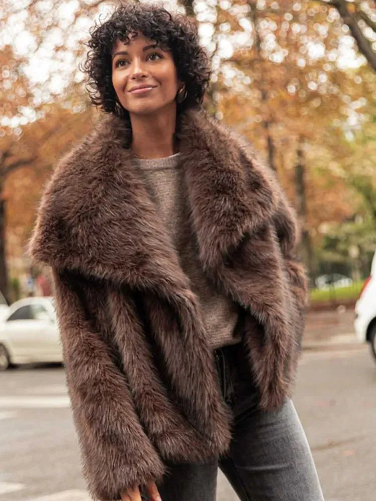 Faux Fur Lapel Fluffy Plush Warm Coat