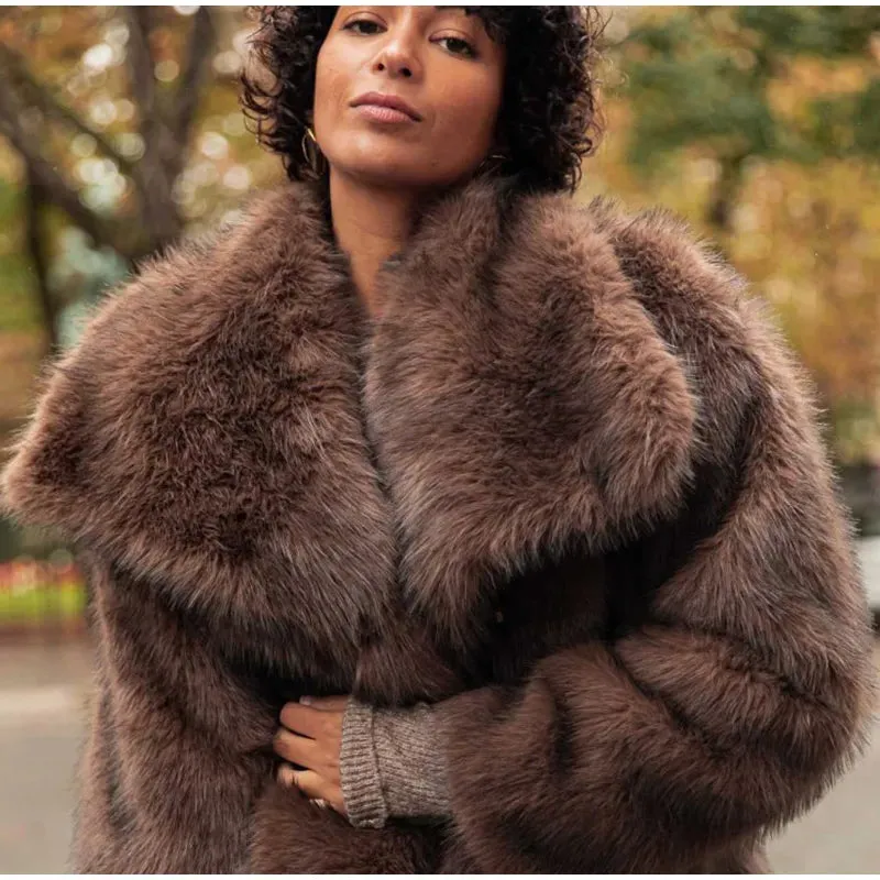 Faux Fur Lapel Fluffy Plush Warm Coat