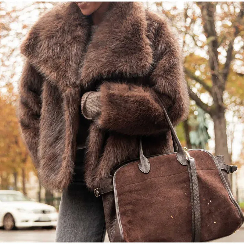 Faux Fur Lapel Fluffy Plush Warm Coat