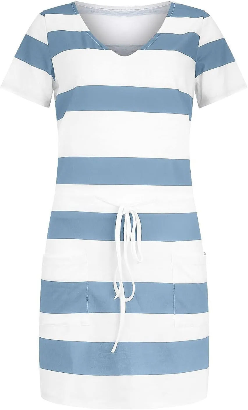 FONMA Dress for Women 2024 Summer Casual Loose V Neck Mini Sundress Fashion Striped Drawstring T Shirt Dress with Pockets