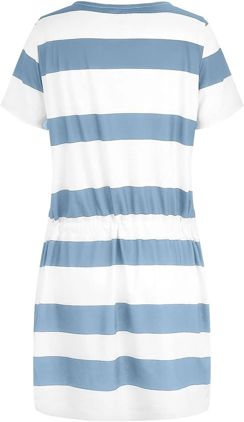 FONMA Dress for Women 2024 Summer Casual Loose V Neck Mini Sundress Fashion Striped Drawstring T Shirt Dress with Pockets