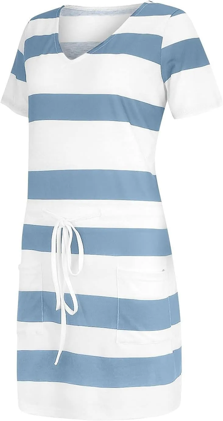 FONMA Dress for Women 2024 Summer Casual Loose V Neck Mini Sundress Fashion Striped Drawstring T Shirt Dress with Pockets